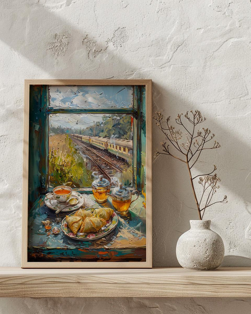 India Train Poster, Countryside Art Print, Travel Window Wall Art, Samosa Tea Painting, Cozy Asian Decor
