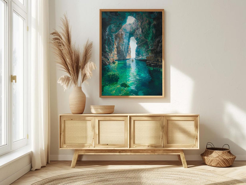 Mexico Wall Art, Cenote Cave Art Print, Magical Swimming Poster, Turquoise Water Painting, Boho Travel Decor