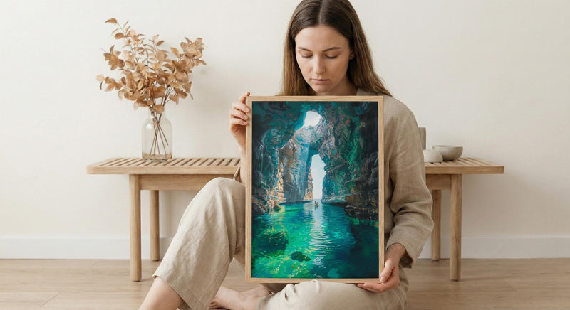 Mexico Wall Art, Cenote Cave Art Print, Magical Swimming Poster, Turquoise Water Painting, Boho Travel Decor