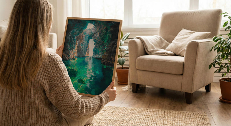 Mexico Wall Art, Cenote Cave Art Print, Magical Swimming Poster, Turquoise Water Painting, Boho Travel Decor