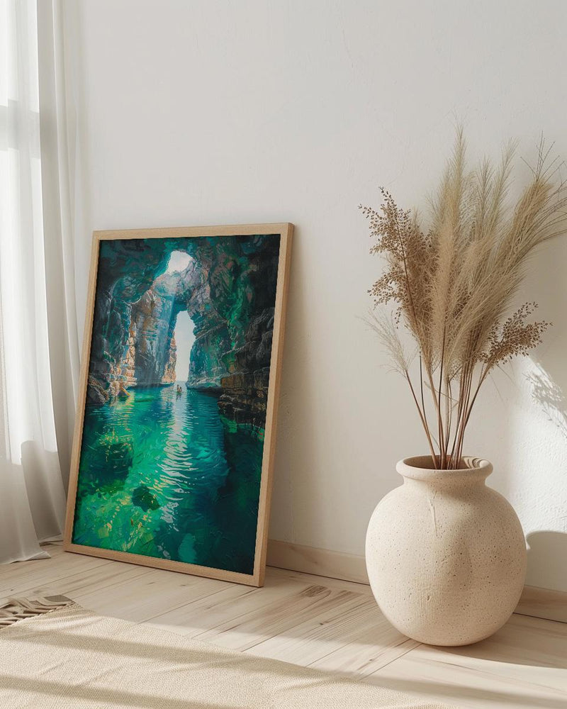 Mexico Wall Art, Cenote Cave Art Print, Magical Swimming Poster, Turquoise Water Painting, Boho Travel Decor