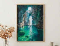 Mexico Wall Art, Cenote Cave Art Print, Magical Swimming Poster, Turquoise Water Painting, Boho Travel Decor