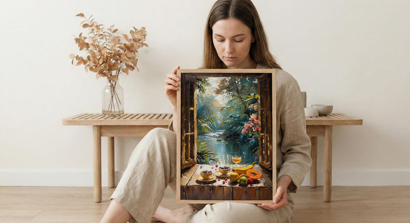 Amazon Rainforest Wall Art, Tropical River Art Print, Coffee Window Poster, Lush Green Painting, Nature Room Decor