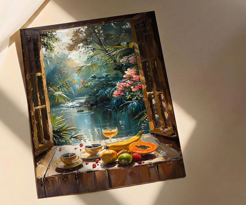Amazon Rainforest Wall Art, Tropical River Art Print, Coffee Window Poster, Lush Green Painting, Nature Room Decor