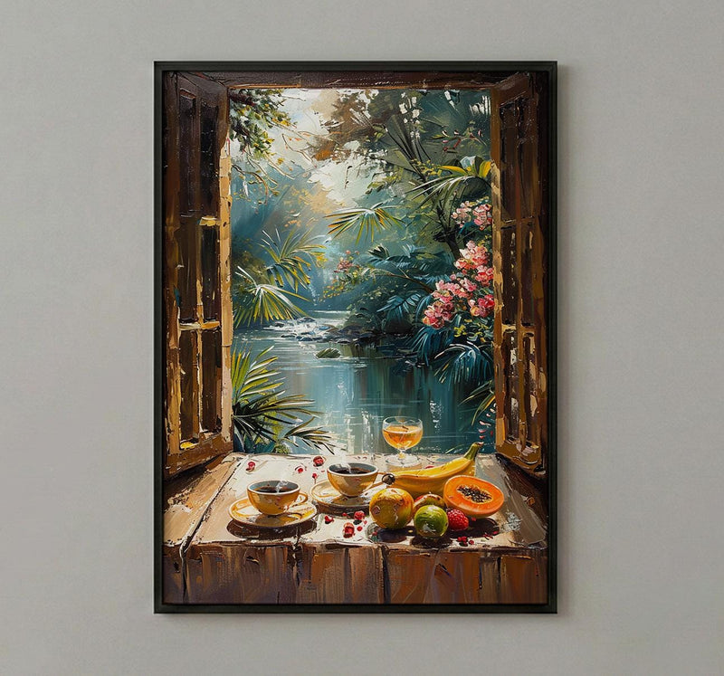 Amazon Rainforest Wall Art, Tropical River Art Print, Coffee Window Poster, Lush Green Painting, Nature Room Decor