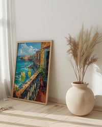 Havana Balcony Poster, Cuba Window Art Print, Mojito Summer Wall Art, Ocean View Painting, Colorful Coastal Decor