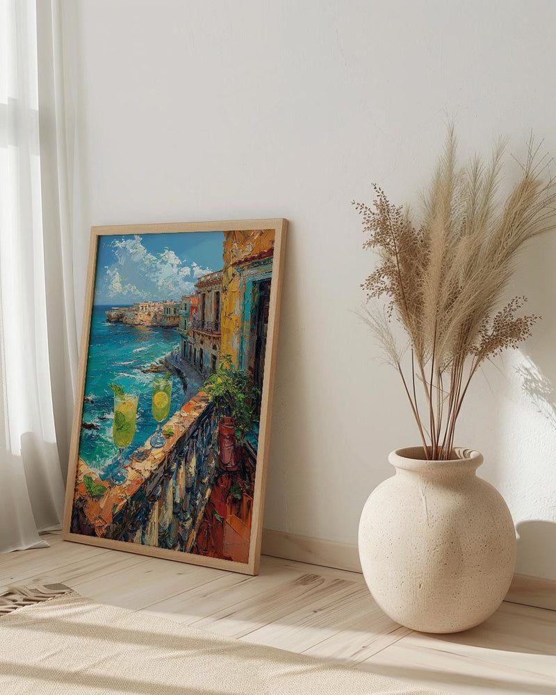 Havana Balcony Poster, Cuba Window Art Print, Mojito Summer Wall Art, Ocean View Painting, Colorful Coastal Decor