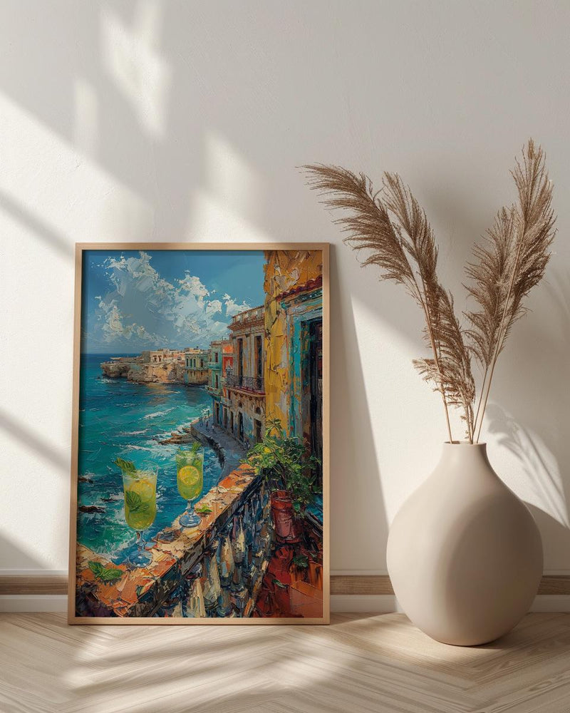 Havana Balcony Poster, Cuba Window Art Print, Mojito Summer Wall Art, Ocean View Painting, Colorful Coastal Decor