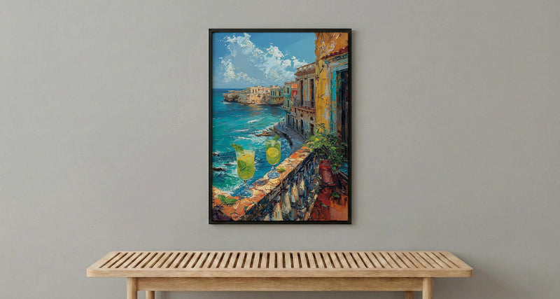 Havana Balcony Poster, Cuba Window Art Print, Mojito Summer Wall Art, Ocean View Painting, Colorful Coastal Decor