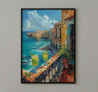 Havana Balcony Poster, Cuba Window Art Print, Mojito Summer Wall Art, Ocean View Painting, Colorful Coastal Decor