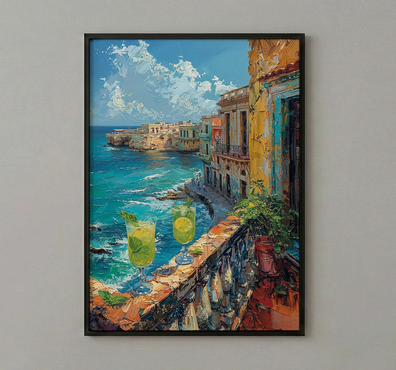 Havana Balcony Poster, Cuba Window Art Print, Mojito Summer Wall Art, Ocean View Painting, Colorful Coastal Decor