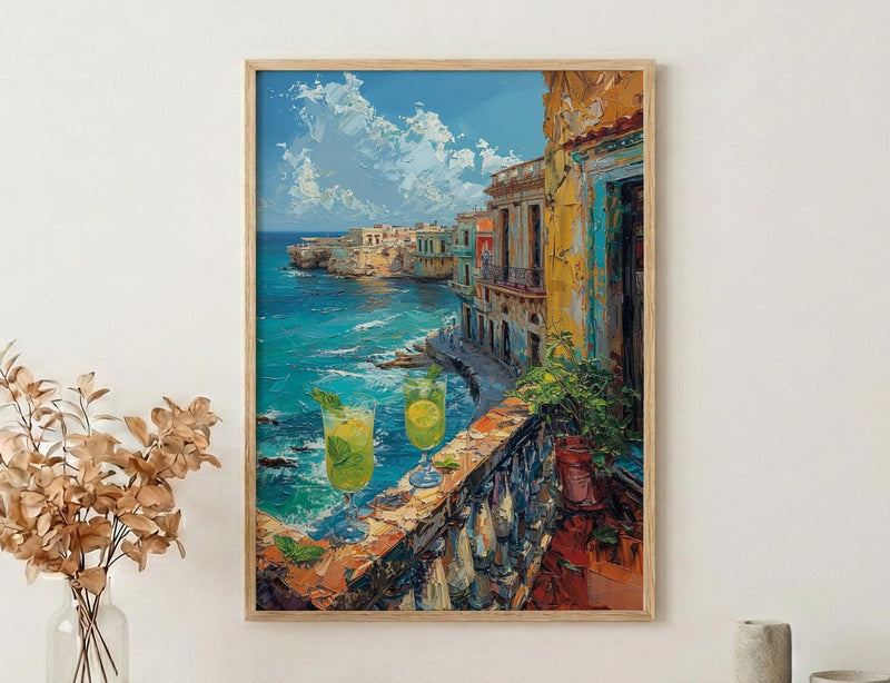 Havana Balcony Poster, Cuba Window Art Print, Mojito Summer Wall Art, Ocean View Painting, Colorful Coastal Decor