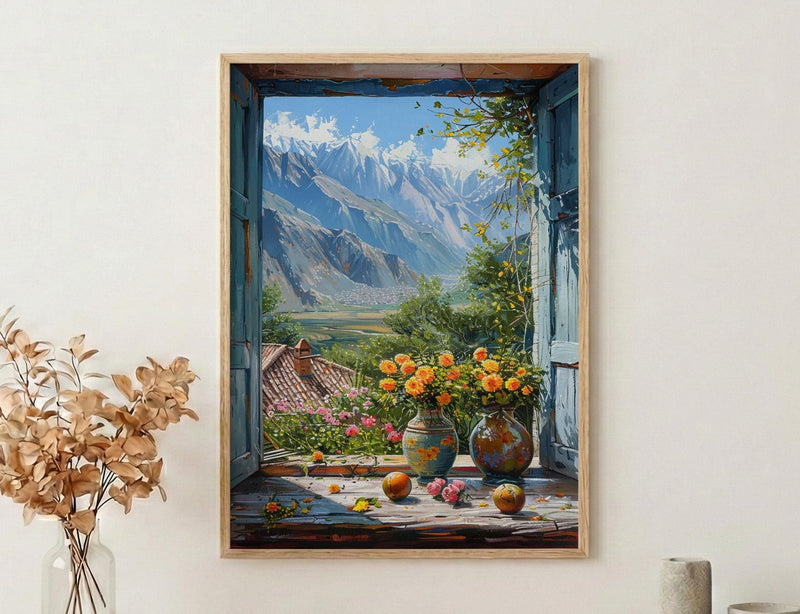 Andes Mountain Art Print, South America Window Poster, Yerba Mate Wall Art, Rustic Nature Painting, Cozy Travel Decor