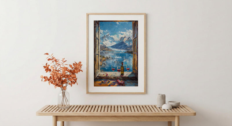 Patagonia Wall Art, Glacier Mountain Art Print, Cold Winter Window Poster, Red Wine Decor, Cozy Nature Painting