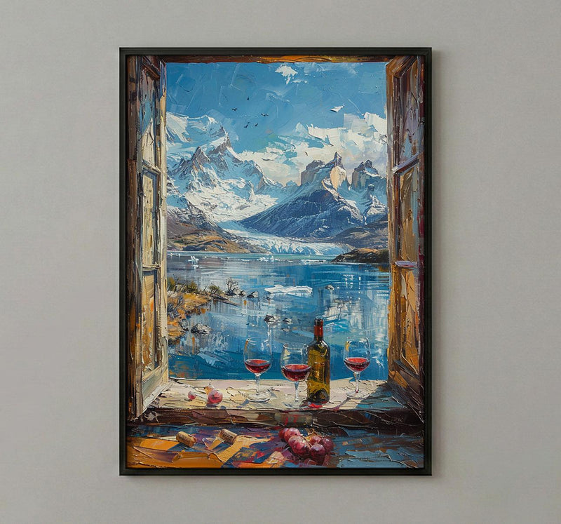 Patagonia Wall Art, Glacier Mountain Art Print, Cold Winter Window Poster, Red Wine Decor, Cozy Nature Painting