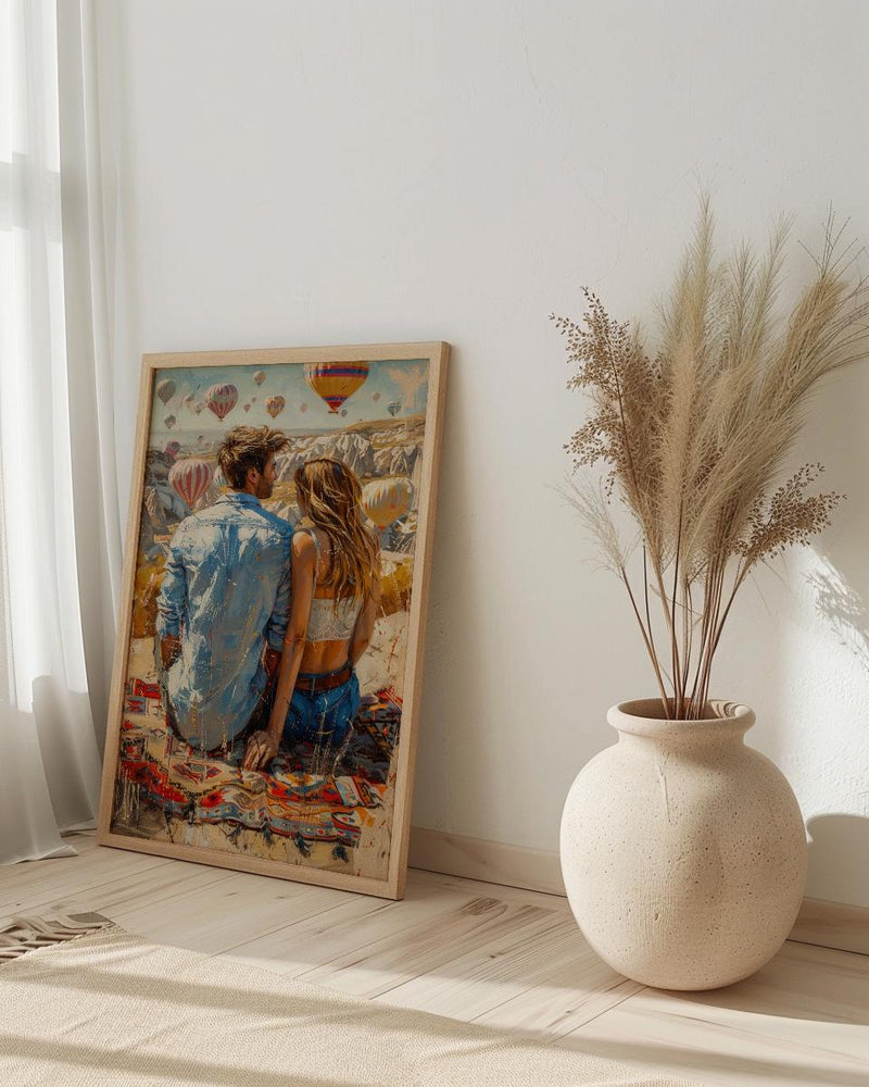 Cappadocia Wall Art, Turkey Balloon Art Print, Sunrise Landscape Poster, Romantic Couple Painting, Boho Travel Decor