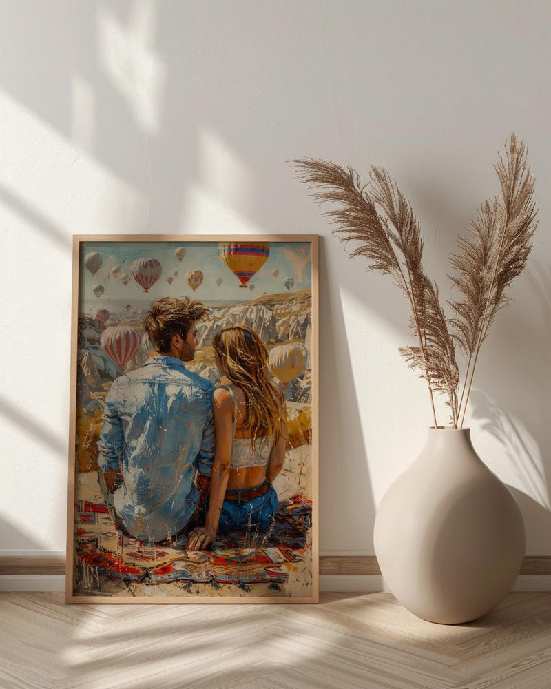 Cappadocia Wall Art, Turkey Balloon Art Print, Sunrise Landscape Poster, Romantic Couple Painting, Boho Travel Decor