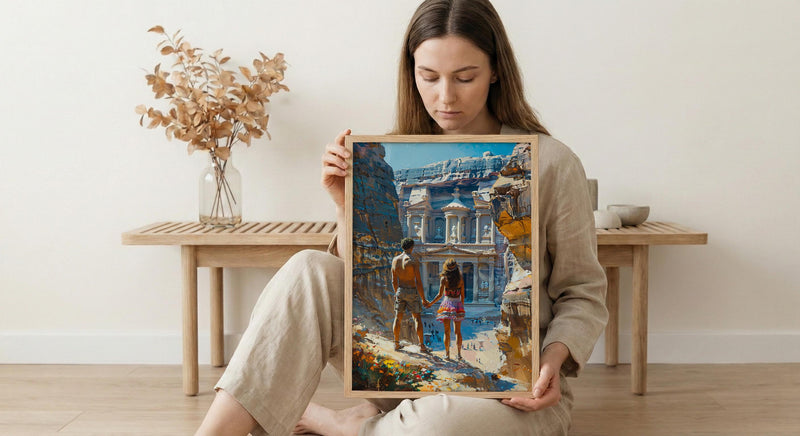 Petra Art Print, Jordan Treasury Poster, Ancient City Wall Art, Dramatic Light Painting, Middle Eastern Boho Decor