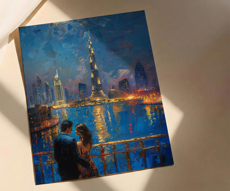 Dubai Wall Art, Burj Khalifa Art Print, Night Skyline Poster, Luxury Cityscape Painting, Modern UAE Decor