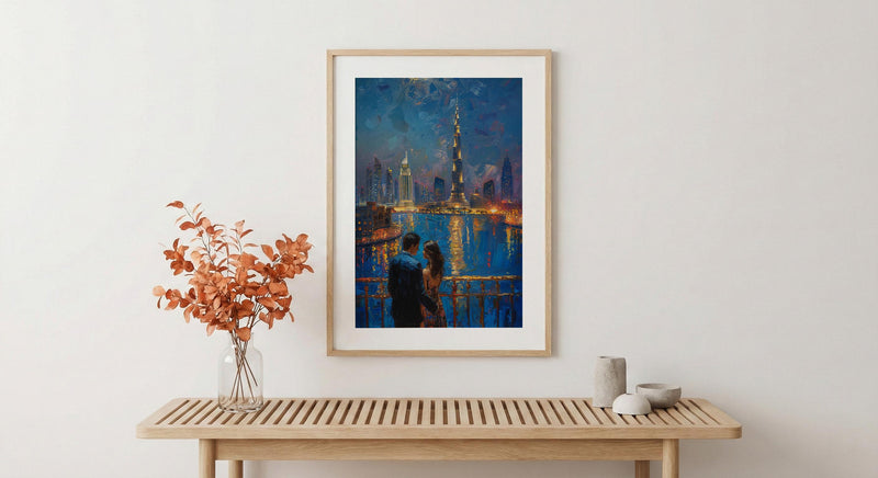 Dubai Wall Art, Burj Khalifa Art Print, Night Skyline Poster, Luxury Cityscape Painting, Modern UAE Decor