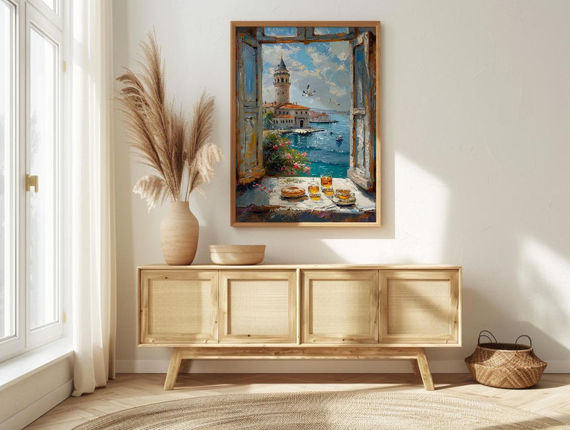 Istanbul Art Print, Maidens Tower Poster, Bosphorus Window Wall Art, Turkish Tea Simit Decor, Seaside Painting