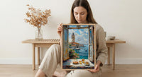Istanbul Art Print, Maidens Tower Poster, Bosphorus Window Wall Art, Turkish Tea Simit Decor, Seaside Painting