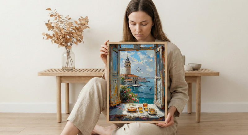 Istanbul Art Print, Maidens Tower Poster, Bosphorus Window Wall Art, Turkish Tea Simit Decor, Seaside Painting