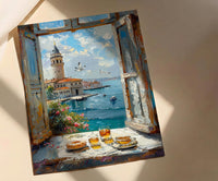 Istanbul Art Print, Maidens Tower Poster, Bosphorus Window Wall Art, Turkish Tea Simit Decor, Seaside Painting