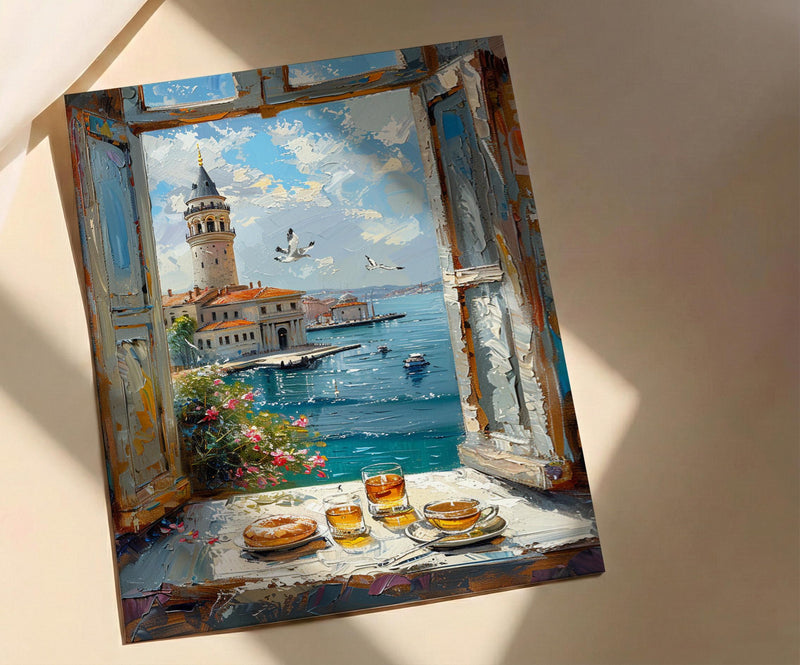 Istanbul Art Print, Maidens Tower Poster, Bosphorus Window Wall Art, Turkish Tea Simit Decor, Seaside Painting