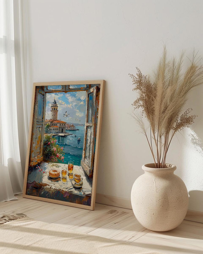 Istanbul Art Print, Maidens Tower Poster, Bosphorus Window Wall Art, Turkish Tea Simit Decor, Seaside Painting