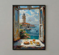 Istanbul Art Print, Maidens Tower Poster, Bosphorus Window Wall Art, Turkish Tea Simit Decor, Seaside Painting