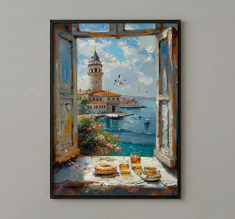 Istanbul Art Print, Maidens Tower Poster, Bosphorus Window Wall Art, Turkish Tea Simit Decor, Seaside Painting