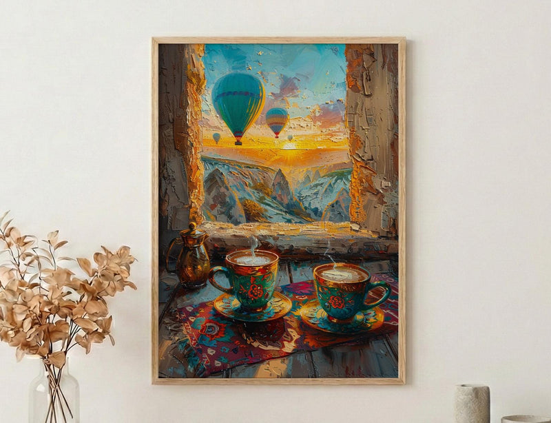 Cappadocia Wall Art, Cave Window Art Print, Hot Air Balloon Poster, Turkish Coffee Decor, Authentic Boho Painting