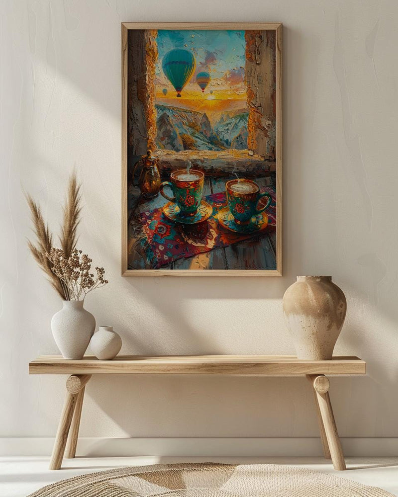 Cappadocia Wall Art, Cave Window Art Print, Hot Air Balloon Poster, Turkish Coffee Decor, Authentic Boho Painting