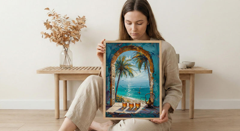 Desert Oasis Art Print, Palm Tree Poster, Relaxing Window Wall Art, Hookah Tea Painting, Middle Eastern Decor