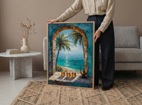 Desert Oasis Art Print, Palm Tree Poster, Relaxing Window Wall Art, Hookah Tea Painting, Middle Eastern Decor