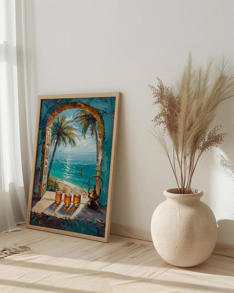 Desert Oasis Art Print, Palm Tree Poster, Relaxing Window Wall Art, Hookah Tea Painting, Middle Eastern Decor