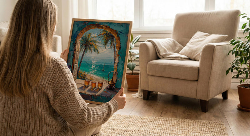Desert Oasis Art Print, Palm Tree Poster, Relaxing Window Wall Art, Hookah Tea Painting, Middle Eastern Decor