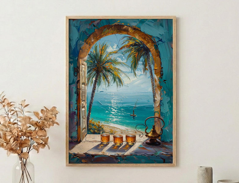Desert Oasis Art Print, Palm Tree Poster, Relaxing Window Wall Art, Hookah Tea Painting, Middle Eastern Decor