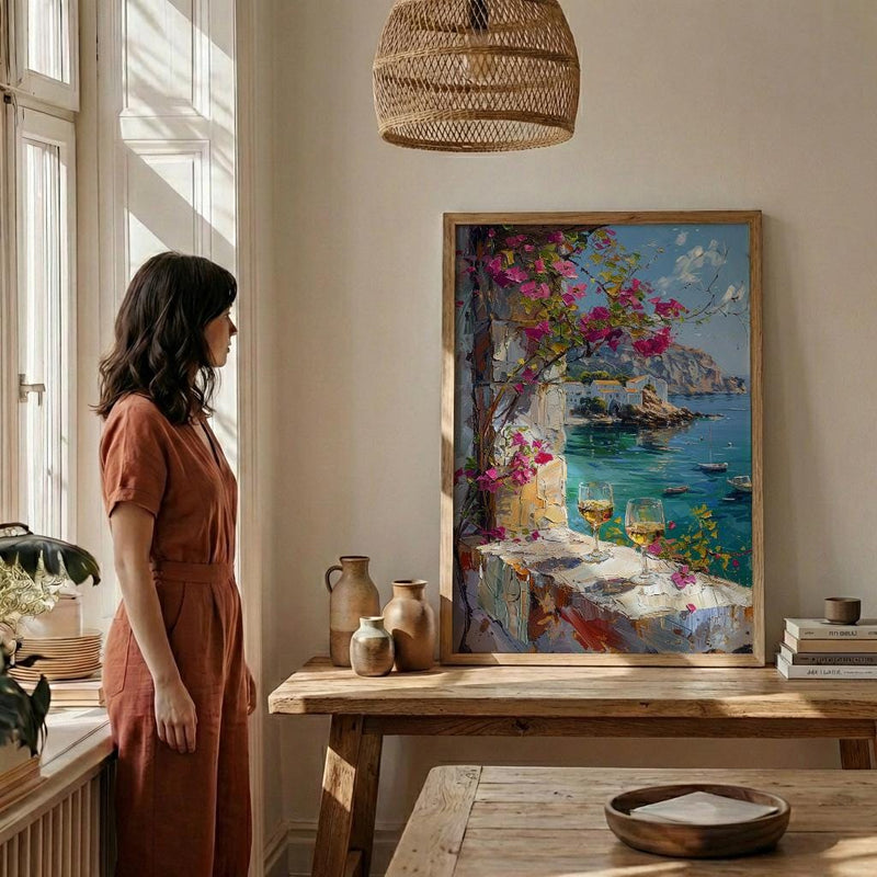 Bodrum Wall Art, Aegean Sea Art Print, White Stone Window Poster, Bougainvillea Wine Decor, Turkish Summer Painting