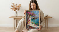 Bodrum Wall Art, Aegean Sea Art Print, White Stone Window Poster, Bougainvillea Wine Decor, Turkish Summer Painting