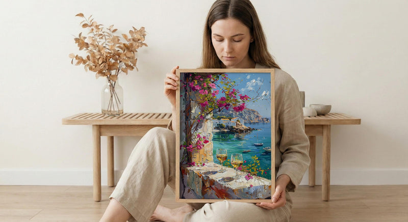 Bodrum Wall Art, Aegean Sea Art Print, White Stone Window Poster, Bougainvillea Wine Decor, Turkish Summer Painting