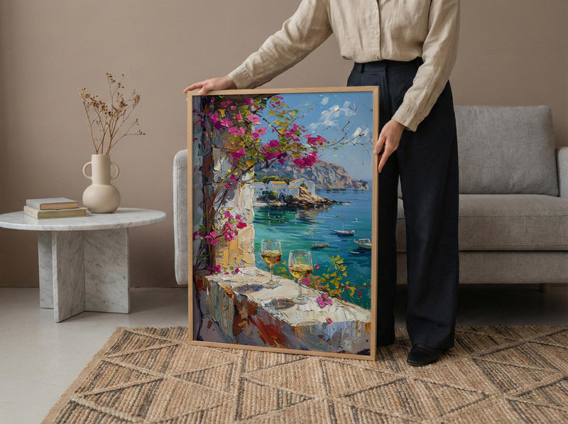 Bodrum Wall Art, Aegean Sea Art Print, White Stone Window Poster, Bougainvillea Wine Decor, Turkish Summer Painting