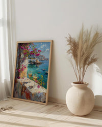 Bodrum Wall Art, Aegean Sea Art Print, White Stone Window Poster, Bougainvillea Wine Decor, Turkish Summer Painting