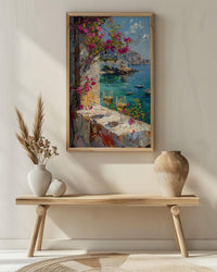 Bodrum Wall Art, Aegean Sea Art Print, White Stone Window Poster, Bougainvillea Wine Decor, Turkish Summer Painting