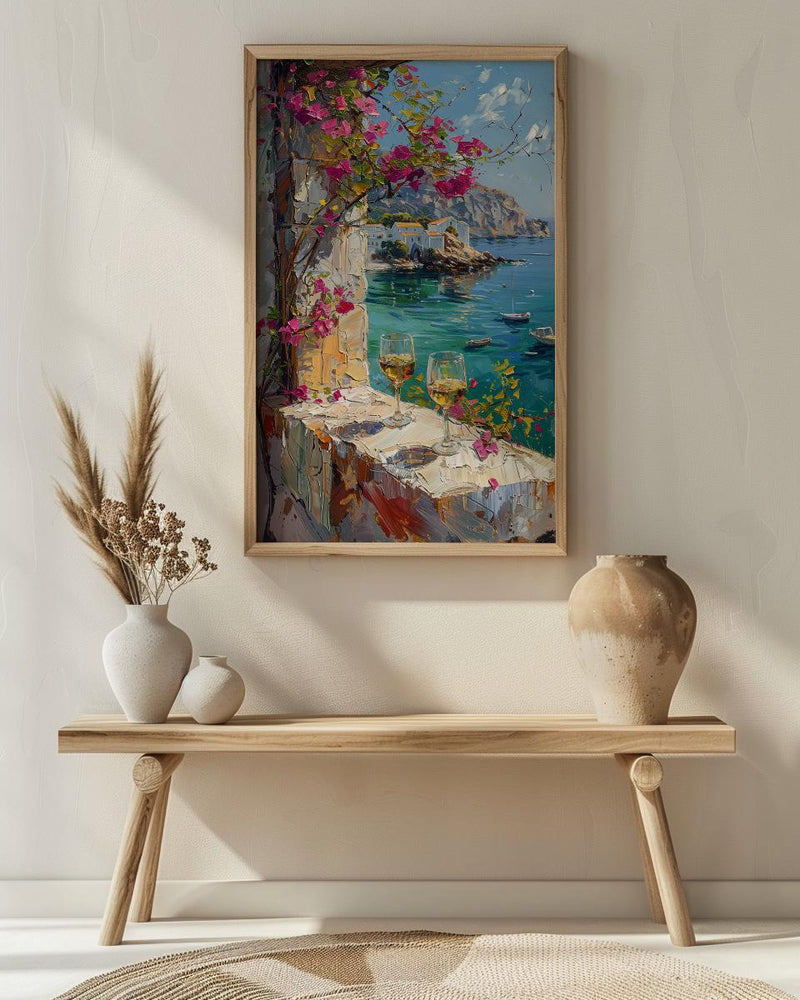 Bodrum Wall Art, Aegean Sea Art Print, White Stone Window Poster, Bougainvillea Wine Decor, Turkish Summer Painting