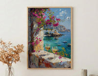 Bodrum Wall Art, Aegean Sea Art Print, White Stone Window Poster, Bougainvillea Wine Decor, Turkish Summer Painting
