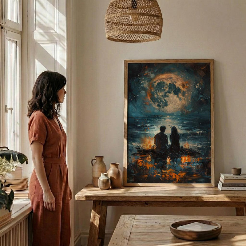 Full Moon Art Print, Witchy Ritual Poster, Mystical Bonfire Wall Art, Spiritual Couple Painting, Gothic Home Decor