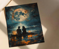 Full Moon Art Print, Witchy Ritual Poster, Mystical Bonfire Wall Art, Spiritual Couple Painting, Gothic Home Decor