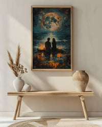 Full Moon Art Print, Witchy Ritual Poster, Mystical Bonfire Wall Art, Spiritual Couple Painting, Gothic Home Decor